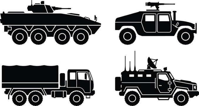 Military vehicles black silhouette vector icon set featuring an armored personnel carrier, tactical humvee, heavy army cargo truck, and a command vehicle isolated on white.