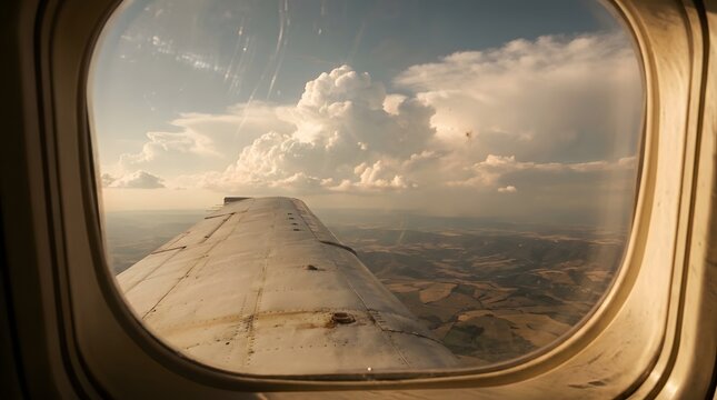 Wider view from an airplane window showcasing a large metallic wing flying above clouds and mountain landscape