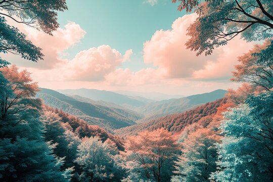 Scenic view over rolling hills and forest valley. Pink clouds drift above layers of trees with autumn colors. Foliage frame natural landscape scene.