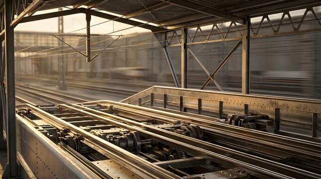 Low-angle perspective view of complex railway tracks inside a covered train station terminal with motion blur