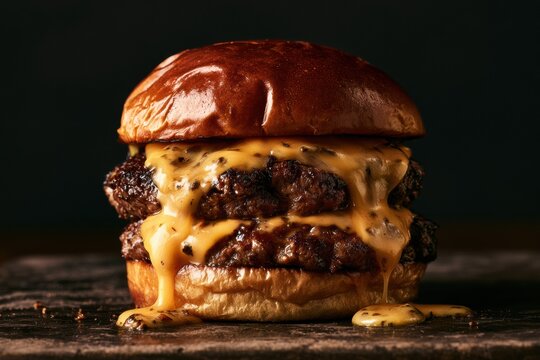 A double patty burger with melted cheese sits on a wooden surface. The lighting creates deep shadows, emphasizing the juicy layers.