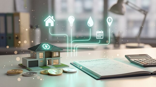 A miniature house model sits on a desk with a monthly cost planner with representing household utility small residential building glowing icons representing financial planner coins