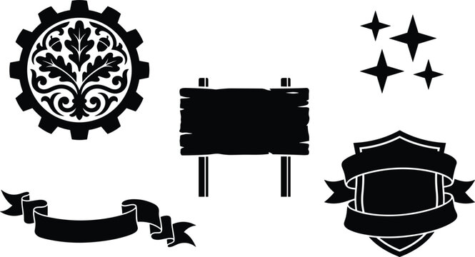Vintage heraldry design elements black silhouette vector icon set featuring oak leaf crest gear, wooden signpost, blank ribbon scroll, shield emblem, and stars isolated on white.