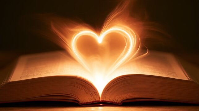 Glowing heart above open Bible showing symbol of faith and love in dark setting