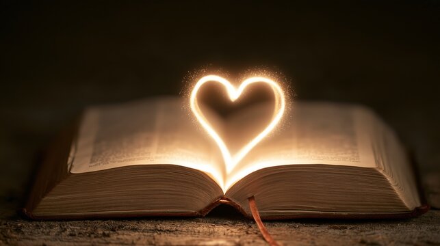 Glowing heart and Bible showcase symbols of faith and love in a warm setting