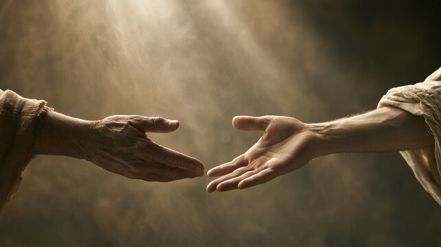 God extends a helping hand to man in a moment of connection and support in an uncertain environment