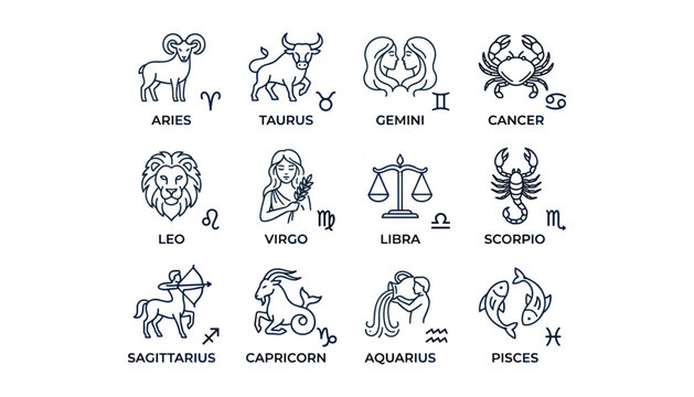 Complete set of twelve zodiac signs with line art icons and astrological symbols vector illustration isolated on white background.
