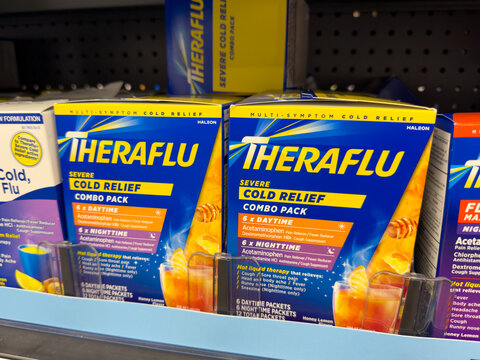 Frisco, Texas, USA - August 31th, 2026: Theraflu severe cold relief combo pack boxes sitting in yellow product packaging on Walmart pharmacy display