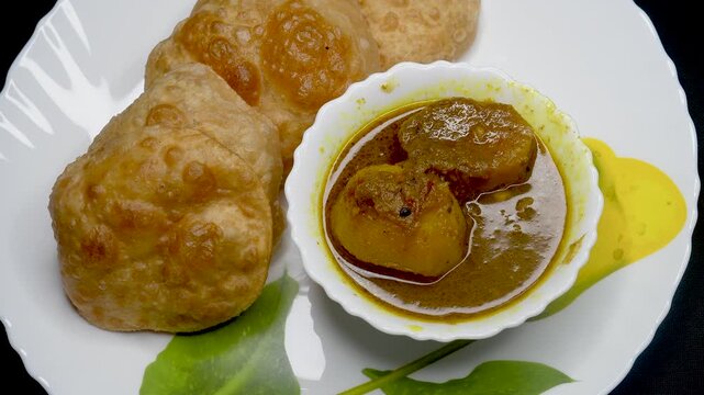Indian food, poori or luchi. A deep fried bread made from whole wheat flour and Served with Potato curry, or alu dum or alu masala curry. breakfast concept.