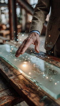 Hand of an elderly person reaches toward glowing digital icons floating above a glass surface on a rustic wooden table. Warm amber light illuminates the skin texture and translucent interface.