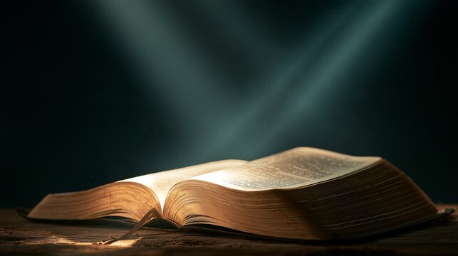 Light shines on an opened Holy Bible, symbolizing faith and religion in a quiet space