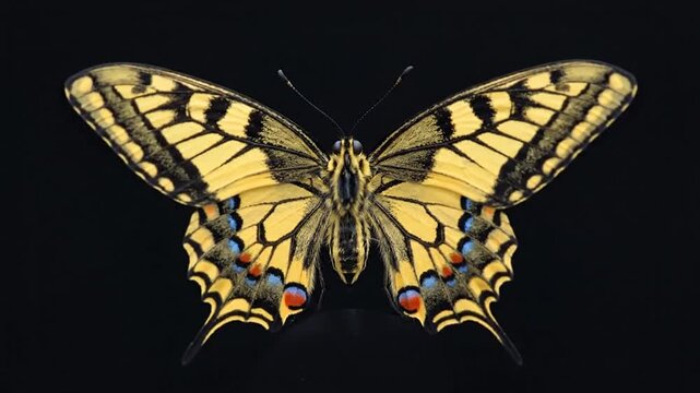 Beautiful yellow butterfly with black patterns resting against dark background