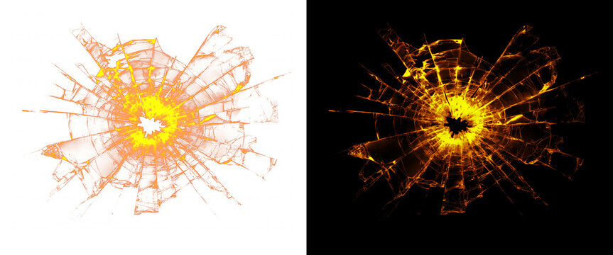 Shattered glass bullet hole with glowing fire effects, cracked window pane with orange light, broken glass texture on black and white backgrounds