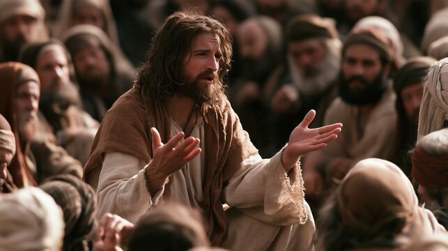 Jesus Christ preaches to a crowd gathered for his teachings in ancient times