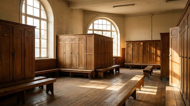 Vintage wooden lockers in a sunlit school changing room
