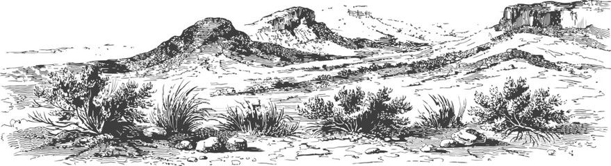 Obraz premium Detailed panorama sketch of arid desert landscape with rocky mountains and wild sagebrush clusters.