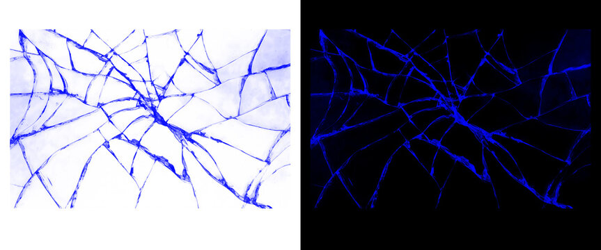 Broken glass texture with blue cracks, shattered screen effect on white and black backgrounds, damaged window glass shards illustration