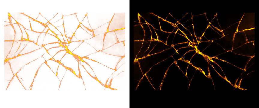 Kintsugi gold cracks on white and black background, golden broken glass texture, luxury marble repair effect with metallic veins