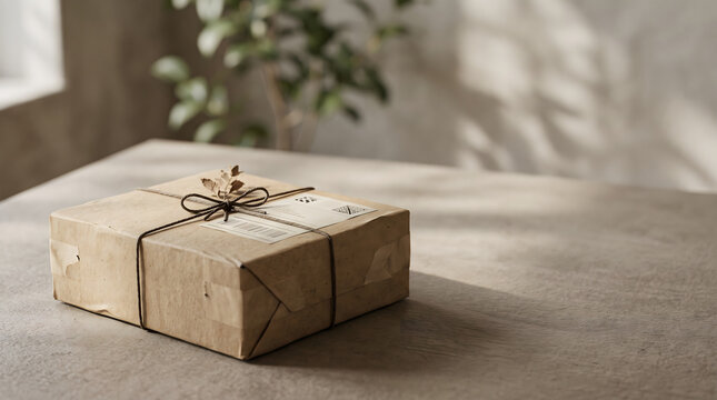 A rustic brown paper parcel tied with twine sits elegantly on a textured stone table in a sunlit room with soft shadows and a blurred green plant in the background, evoking a sense of natural delivery