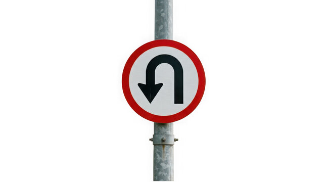 Red prohibited u-turn road sign on pole