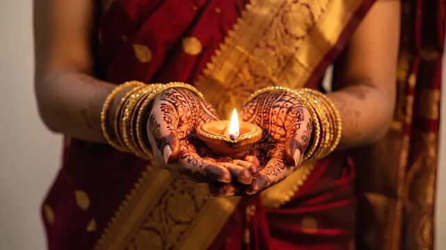 Indian woman holding a lit oil lamp with intricate henna tattoos and gold bangles during a celebration