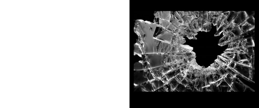 Shattered glass texture with bullet hole on black background, broken window shards overlay, cracked glass effect for action and crime concepts