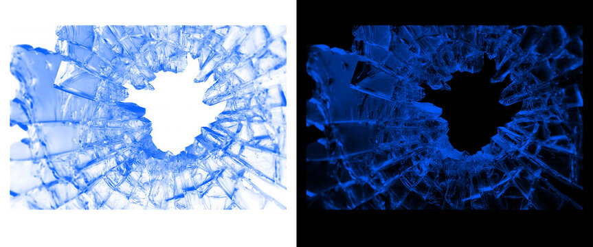 Shattered blue glass texture with central hole, broken window shards on white and black background, cracked glass effect for overlay and design