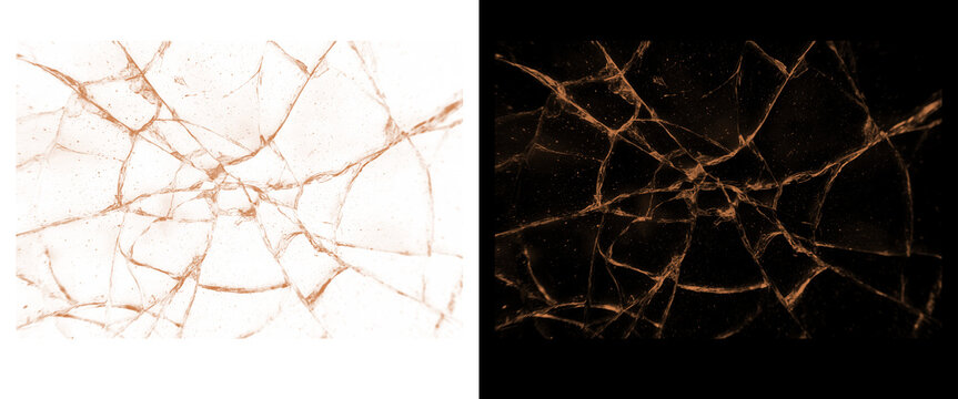 Shattered glass texture with spiderweb cracks, broken window overlay effect on black and white backgrounds, damaged glass surface illustration