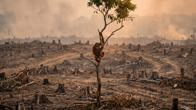 Sad orangutan clinging to the last standing tree in a deforested and burned tropical rainforest landscape