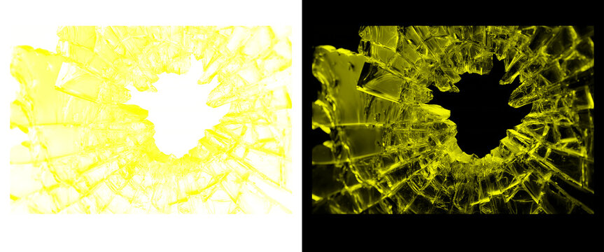 Shattered yellow glass texture with central hole, broken window shards on black and white backgrounds, cracked glass effect for overlay