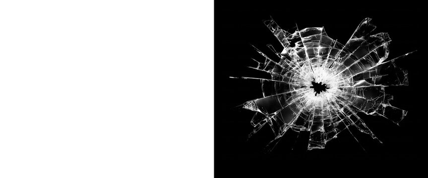 Shattered glass texture with bullet hole impact, broken window glass shards on black background, cracked glass overlay for photo editing