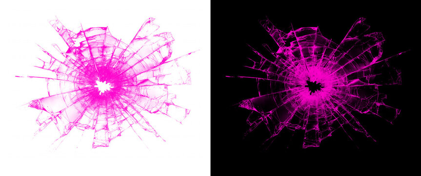 Pink shattered glass effect with radial cracks. Broken window impact hole on white and black backgrounds. Magenta spiderweb glass shards texture.