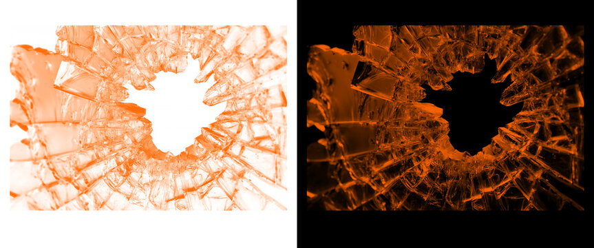Shattered glass texture with orange glowing shards, broken window effect on black and white backgrounds, cracked glass hole for action and disaster design