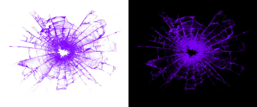 Purple shattered glass bullet hole illustration, cracked glass texture on white and black background, broken window spiderweb effect for crime and action design
