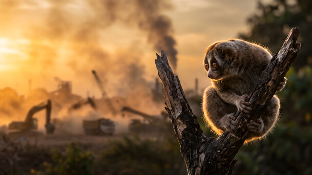 Slow Loris in distress perched on a branch with heavy industrial deforestation and machinery in the smoky background