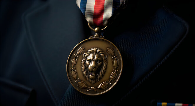Close up of a military medal with a ribbon and detailed engraving