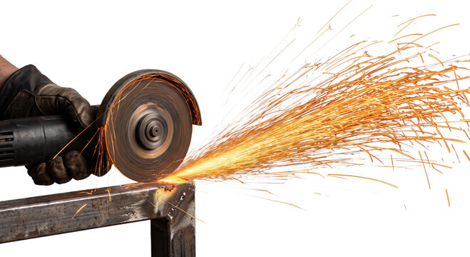 Close-up of a gloved hand using an angle grinder to cut metal with many sparks flying