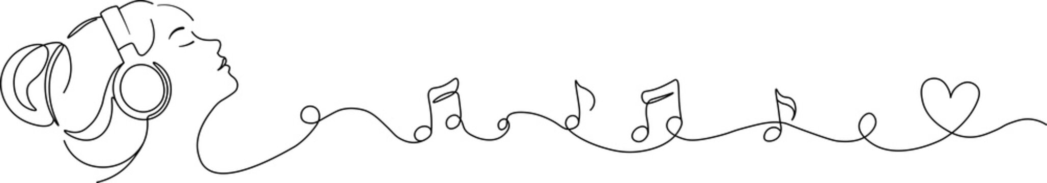 Continuous line drawing of woman listening to music with headphones, musical notes, and heart symbol for relaxation and melody concept.