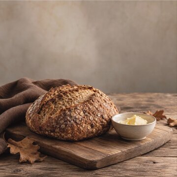 Rustic Artisan Seeded Bread Loaf with Butter on Wooden Board