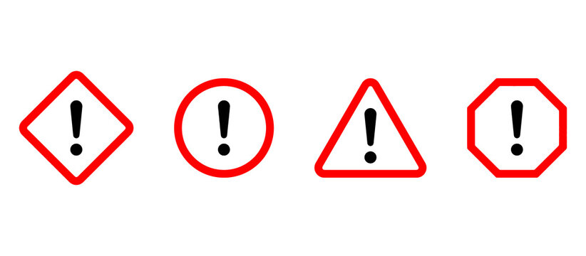 Warning Attention, Caution and Stop Sign Icon Set. Red Hazard and Exclamation Symbols. Vector Illustration.