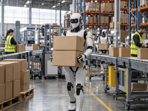 Humanoider Roboter tr&auml;gt zwei gestapelte Kartons durch ein automatisiertes Versandlager. Moderne Robotik ver&auml;ndert die Zukunft von Lagerarbeit, Versand und Logistik.
