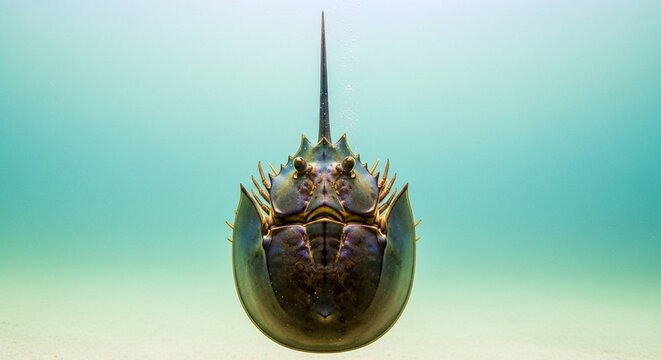 Close-up of a horseshoe crab underwater. Marine invertebrate with hard shell and long tail, in natural aquatic setting.