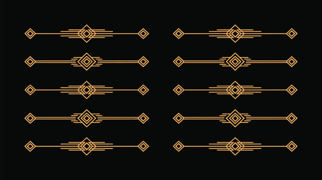 Golden art deco dividers set with ornate geometric line borders, vintage golden headers, and decorative dividers vector isolated on black.