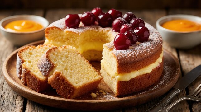 Delicious cherry nusstorte cake with creamy custard filling on wooden plate. Sliced sponge cake with sweet red cherries, powdered sugar. Two bowls of orange sauce nearby on rustic table. Tasty