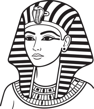 Egyptian pharaoh head portrait line art vector illustration. Ancient king bust drawing wearing nemes headdress with cobra and broad collar isolated