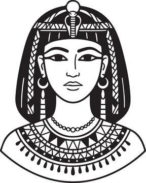 Egyptian queen Cleopatra front portrait vector line art illustration. Ancient royal female ruler bust drawing with braided wig and crown isolated