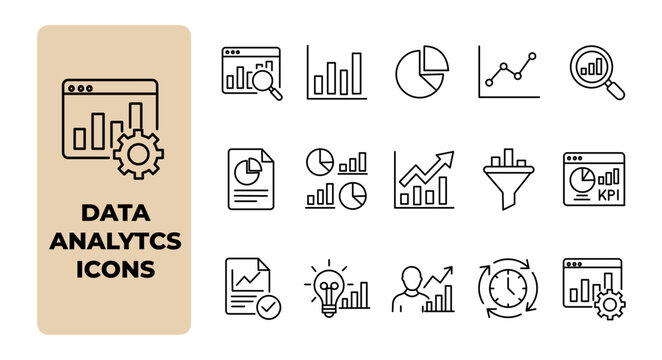 Data analytics and business intelligence icon set. Financial research, statistics report, information funnel and dashboard visualization thin line icons. Editable stroke vector illustrations.
