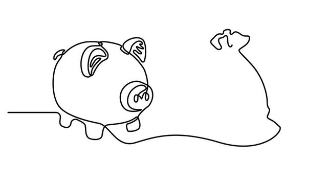 Animated one continuous single line drawing of a piggy bank and money bag with dollar sign symbol for financial savings and investment concept . Full length one line animation 4k video