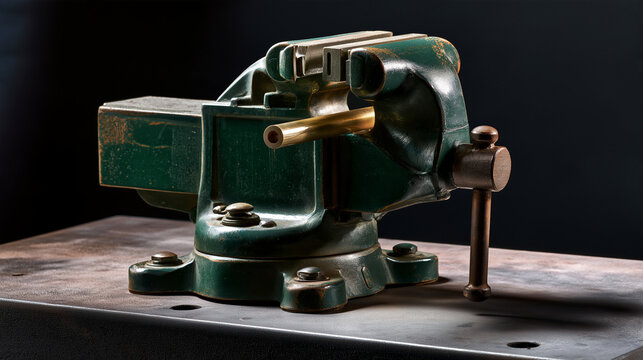 Vintage green bench vise holding brass tube on metal workbench