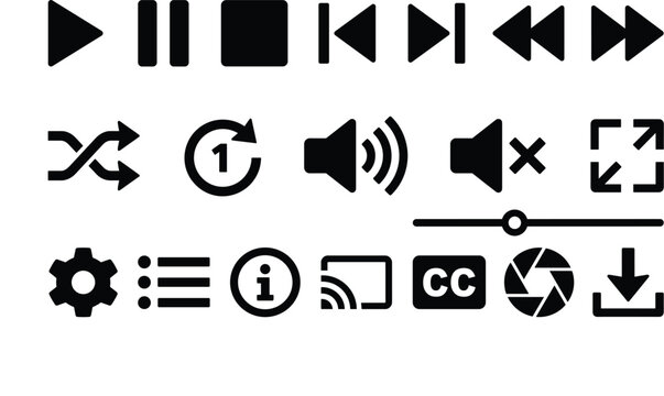Media Player Control Icon Set with Play Pause Volume and Streaming Symbols for Video Audio Applications Websites and Digital Interface Designs